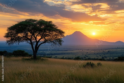 Lonely acacia tree dominating the african savanna at sunset with kilimanjaro in the background
