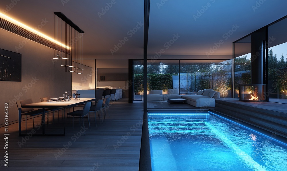 Fototapeta premium Modern home interior with indoor pool at night.