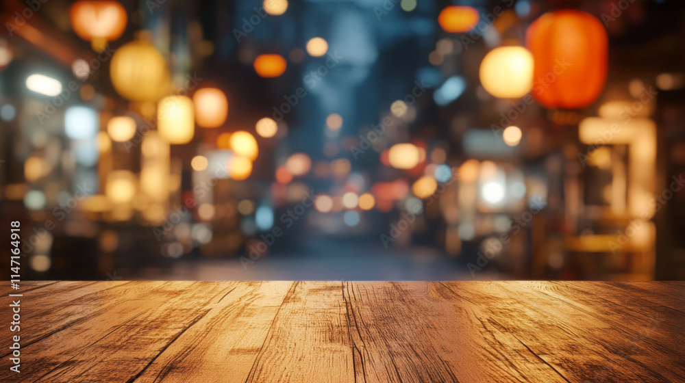 simple wooden background, in the background there is a blurred dark street with bright bokeh from the lights of the lanterns simple wooden background, in the background there is a blurred dark street with bright bokeh from the lights of the lanterns
