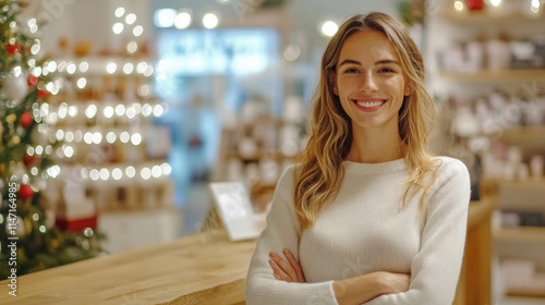 the seller smiles welcomingly in a cosmetics store decorated for Christmas and New Year photo