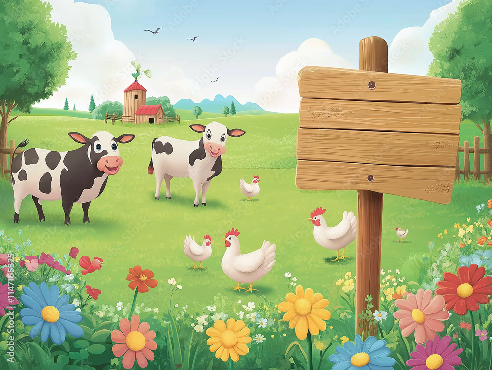 Fototapeta premium Bunte Farmtiere versammeln sich fröhlich vor einem Holzschild