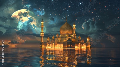 The Arabian night fairy tale, the landscape in the moonlight the fabulous sultan's palace glows with gold.