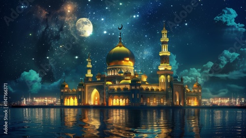 The Arabian night fairy tale, the landscape in the moonlight the fabulous sultan's palace glows with gold.