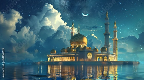 The Arabian night fairy tale, the landscape in the moonlight the fabulous sultan's palace glows with gold.