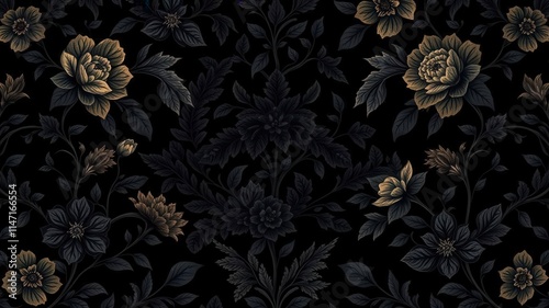 Luxurious black charcoal floral wallpaper pattern with intricate botanical design, rich, black, wallpaper