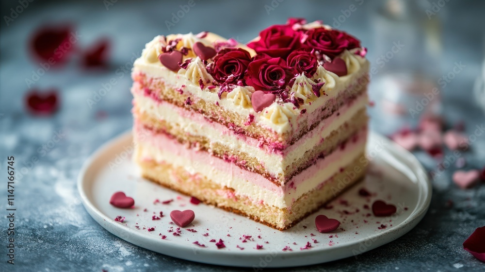 Heart-shaped cake slice with roses and frosting. Heart-shaped cake slice with roses and frosting.