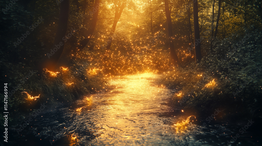 Naklejka premium Fantasy Concept Art of a Glowing Stream in a Magical Forest