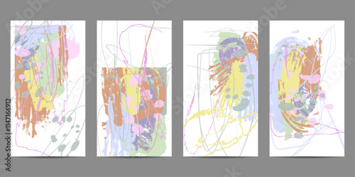 Pastel muted pale calm tones card templates set. Collection of romantic abstraction background lines