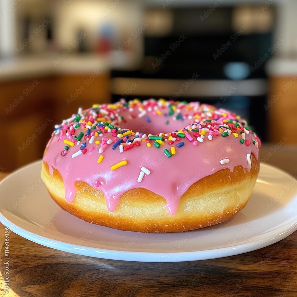 Pink donut with sprinkles on a plate. Pink donut with sprinkles on a plate.