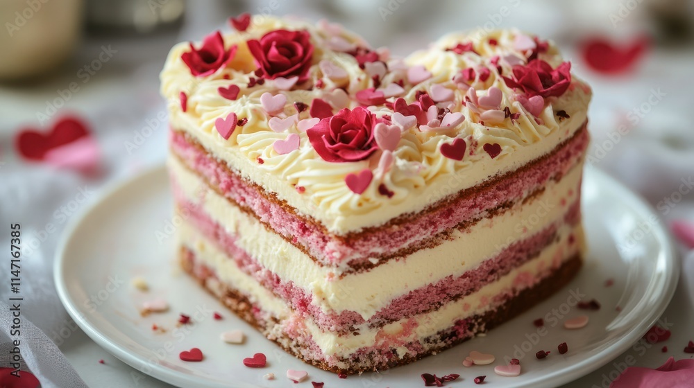 Heart-shaped layered cake with pink frosting, roses, and sprinkles. Heart-shaped layered cake with pink frosting, roses, and sprinkles.