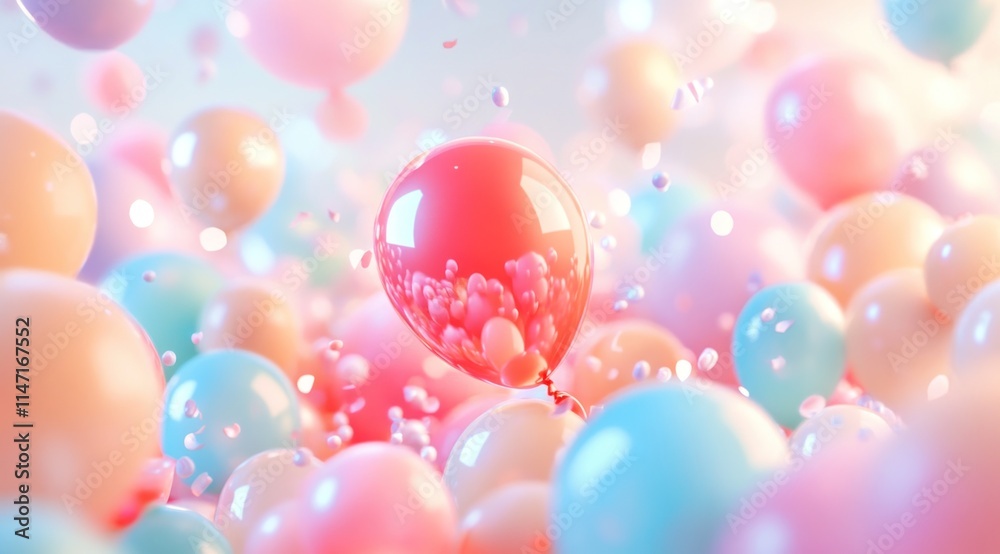 Pastel balloons and confetti float in a celebratory scene. Pastel balloons and confetti float in a celebratory scene.