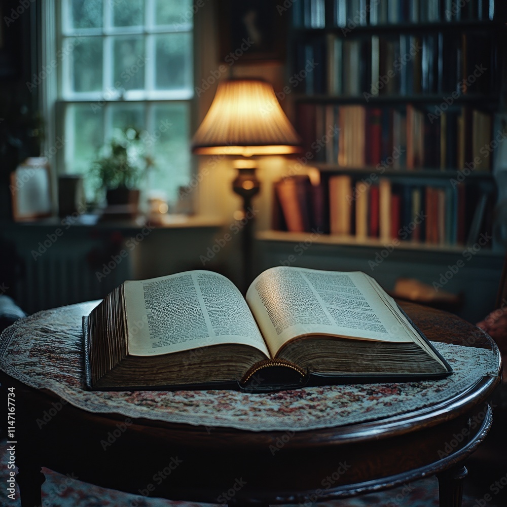 Single Illuminated Book Open on a Table in a Darkened Room Single Illuminated Book Open on a Table in a Darkened Room