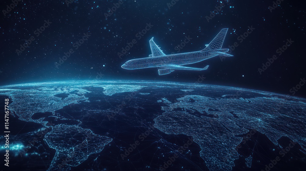 Fototapeta premium A digital airplane flying over a digital globe, representing global travel and connectivity.