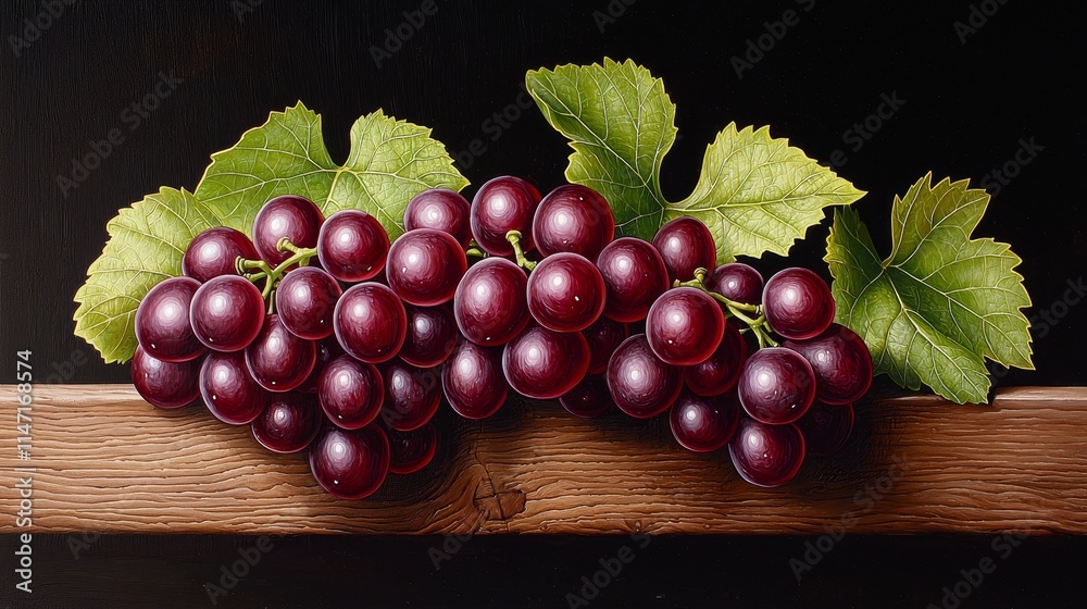 Close-up cluster of ripe red grapes with vibrant green leaves on a rustic wooden surface, showcasing their fresh, juicy texture for culinary designs Close-up cluster of ripe red grapes with vibrant green leaves on a rustic wooden surface, showcasing their fresh, juicy texture for culinary designs
