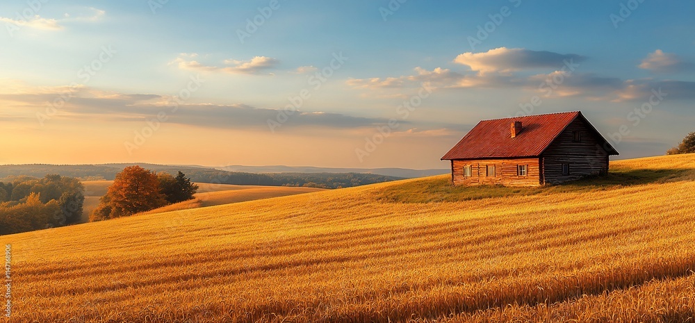 Rustic cabin on golden field at sunset. Rustic cabin on golden field at sunset.
