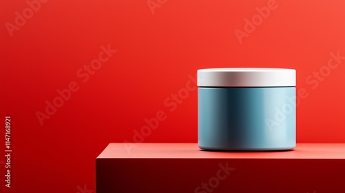 Close-up of a modern blue container with a crisp white lid, set against a bold red backdrop, showcasing clean lines and minimalist design photo