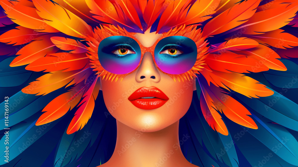 Fototapeta premium Woman With Carnival Feathers, Headdress, And Makeup. Mardi Gras, Festive Celebration Concept.