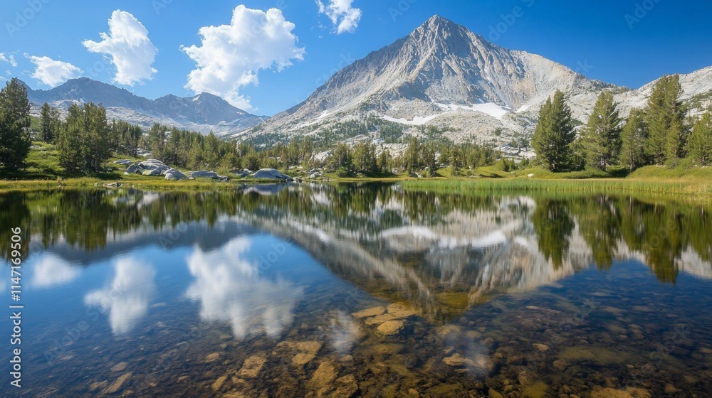 Serene mountain lake reflecting peaks and clouds. Serene mountain lake reflecting peaks and clouds.