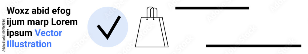 Checkmark in blue circle next to shopping bag and placeholder text. Ideal for e-commerce, approval processes, validation themes, online shopping, business success, completion status, mobile app Checkmark in blue circle next to shopping bag and placeholder text. Ideal for e-commerce, approval processes, validation themes, online shopping, business success, completion status, mobile app