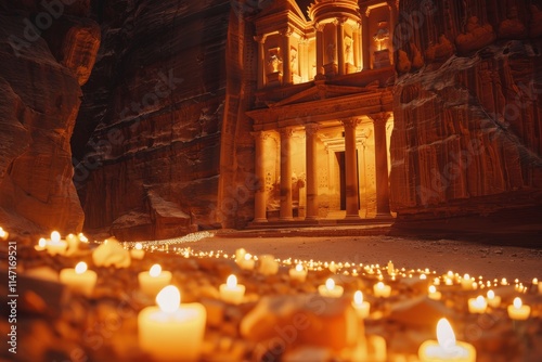 A serene view of illuminated candles leading to a historic temple in a canyon at night.