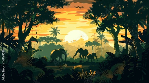 A serene sunset scene featuring elephants in a lush jungle setting.