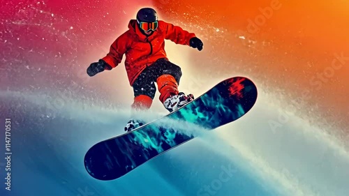 Snowboarder in vibrant jacket performing air trick on snowy slope, extreme sports adventure