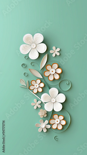 White flower composition on light green background. Vertical frame made of floral pattern. Flat lay, top view. Greeting, invitation card concept