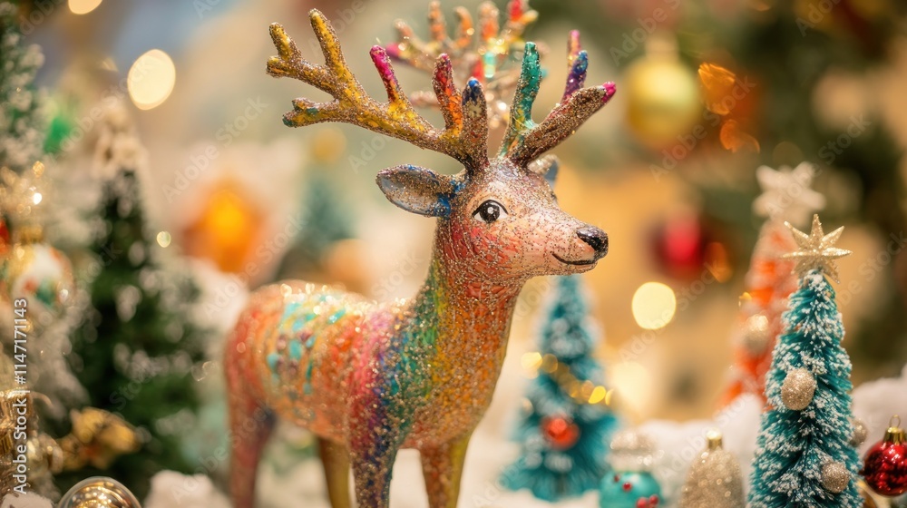 A colorful reindeer figurine stands in a snowy winter wonderland setting, surrounded by miniature Christmas trees and ornaments. A colorful reindeer figurine stands in a snowy winter wonderland setting, surrounded by miniature Christmas trees and ornaments.