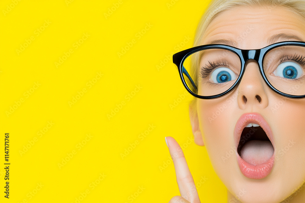 A woman with glasses is pointing at something on a yellow background A woman with glasses is pointing at something on a yellow background