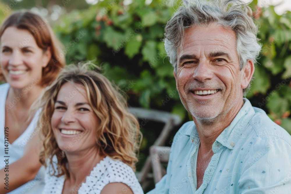 Portrait of happy senior couple with adult daughter in the vineyard Portrait of happy senior couple with adult daughter in the vineyard