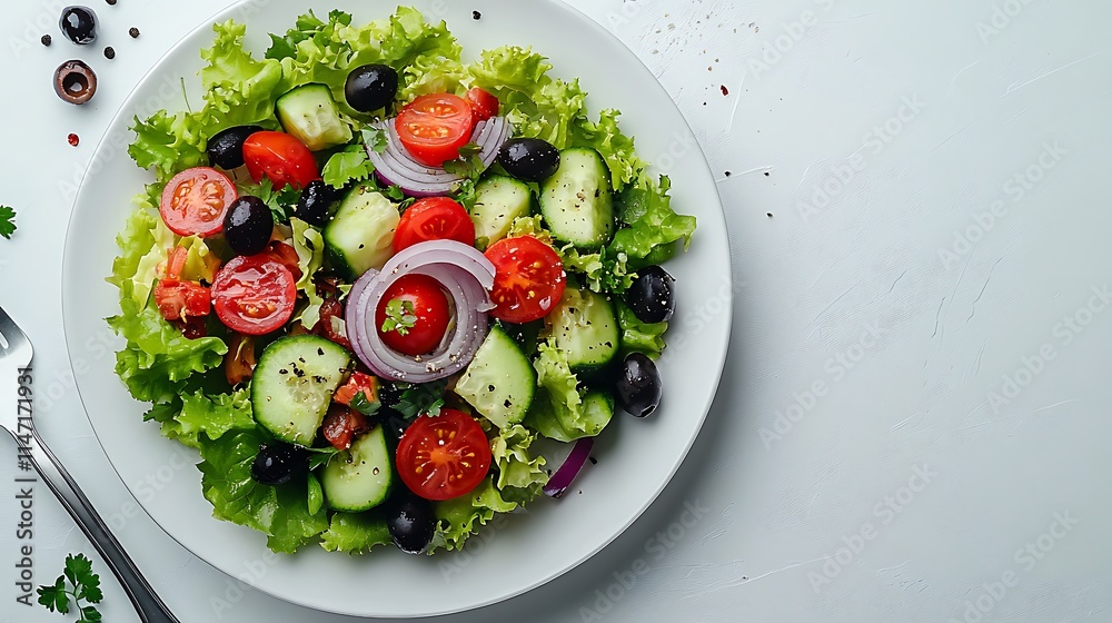 Photo of Greek salad on white plate close up shot Photo of Greek salad on white plate close up shot