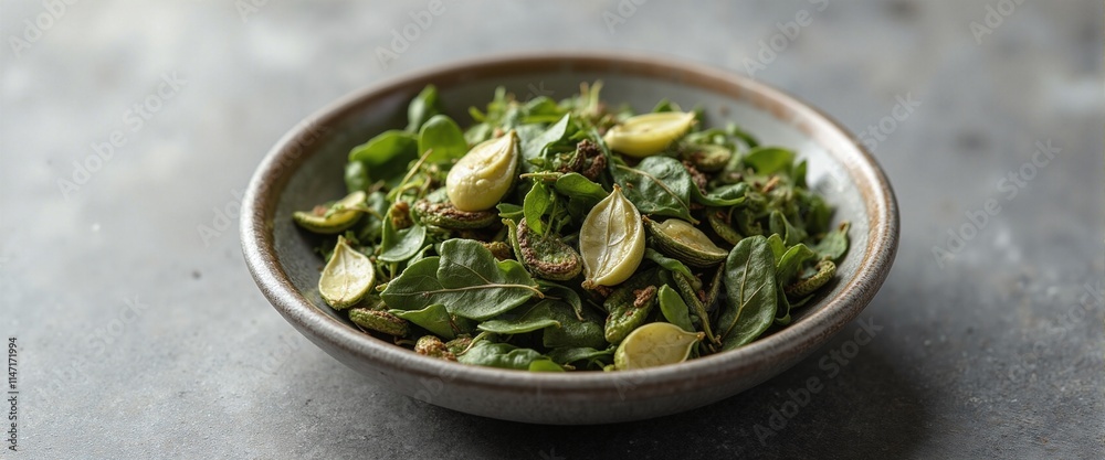 Fresh Green Salad with Zesty Lemon in Rustic Bowl on Gray Background Fresh Green Salad with Zesty Lemon in Rustic Bowl on Gray Background