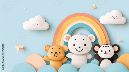 Cute vector background featuring a blue sky, rainbow, and cartoon animals waving at kids, ideal for playful branding or ads