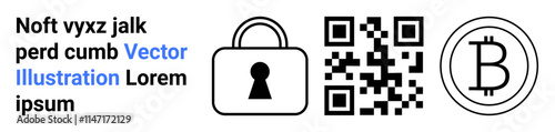Lock with keyhole icon, rectangular QR code, and Bitcoin coin illustration beside text elements in black and blue. Ideal for digital security, technology, cryptocurrency, scanning, privacy, online
