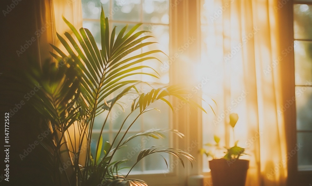 Sunlight streams through window, illuminating houseplant.