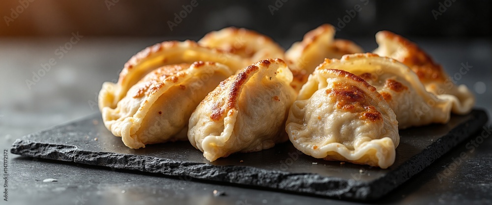 Golden Crispy Dumplings Deliciously Arranged on Black Slate Plate Golden Crispy Dumplings Deliciously Arranged on Black Slate Plate