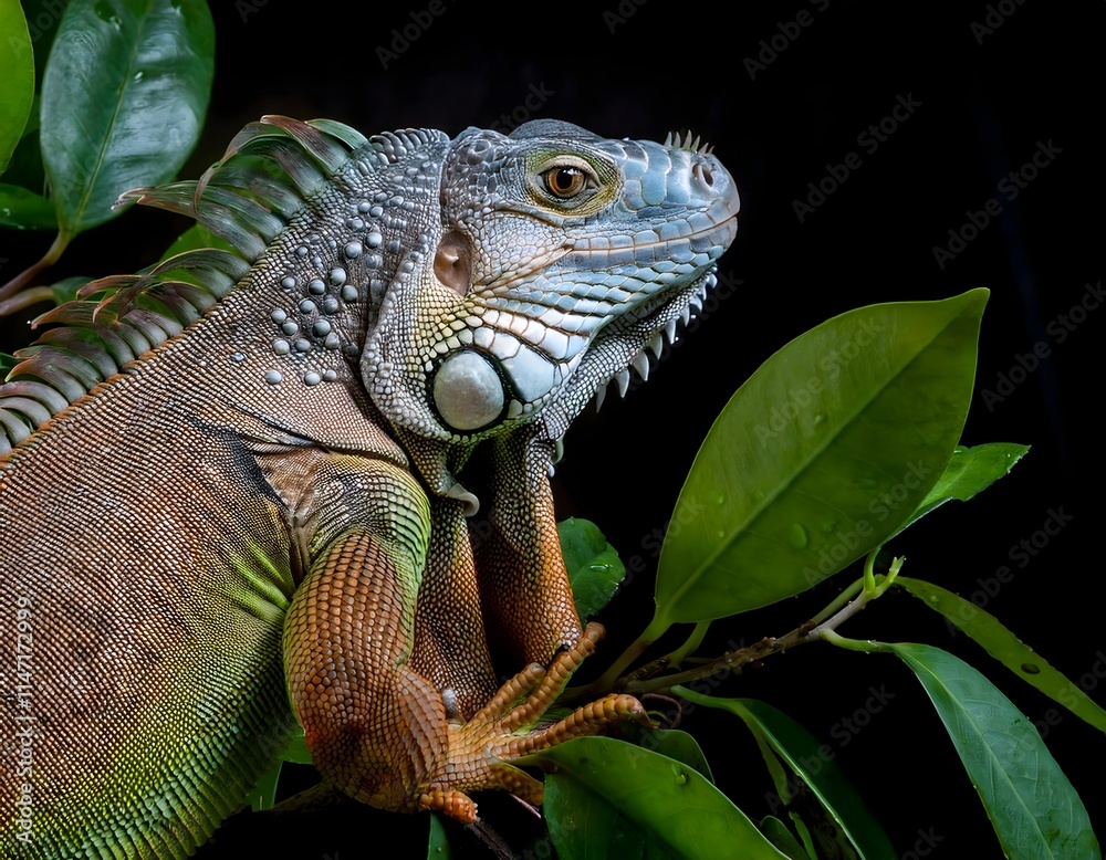 Green Iguana on Branch with Leaves Green Iguana on Branch with Leaves