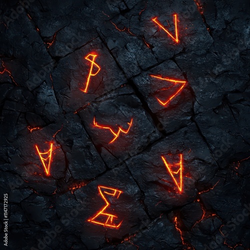 Mystic runes with glowing inscriptions on a textured dark background, .