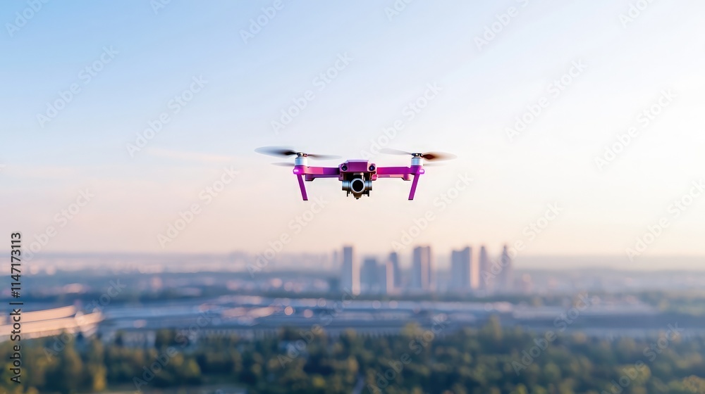Fototapeta premium Magenta quadcopter drone hovering in the sky with a blurred city skyline and green forest in the background during a bright hazy day.