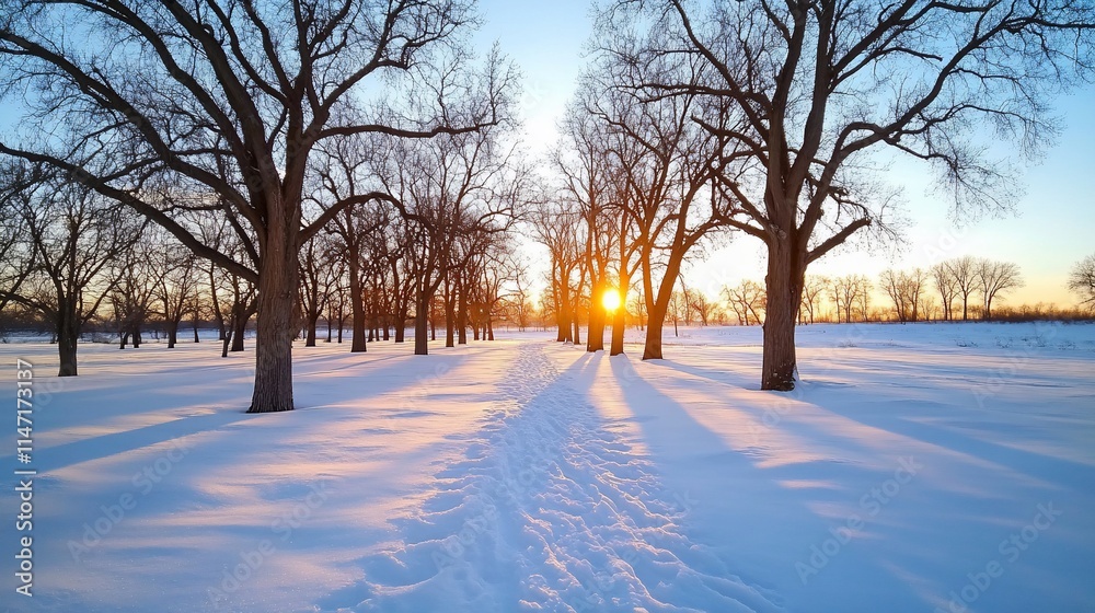 Winter sunset through bare trees on a snowy path.