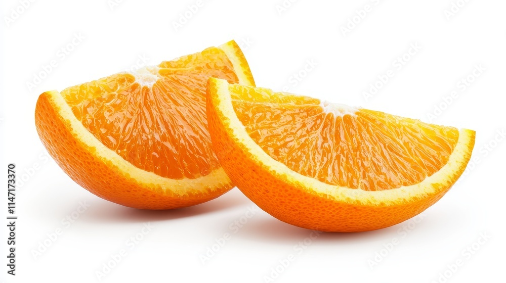 Orange slice close-up, pulpy and zesty texture, fresh and dynamic style, vivid color, isolated on white background Orange slice close-up, pulpy and zesty texture, fresh and dynamic style, vivid color, isolated on white background