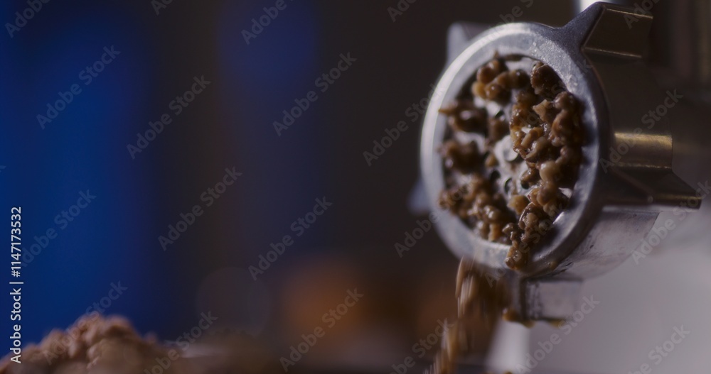 Obraz premium Fresh minced meat coming out of the mincer opening