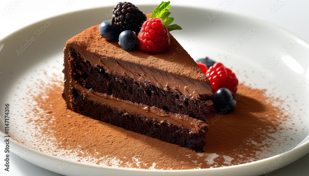 Piece of chocolate cake decorated with blueberry and raspberry Piece of chocolate cake decorated with blueberry and raspberry