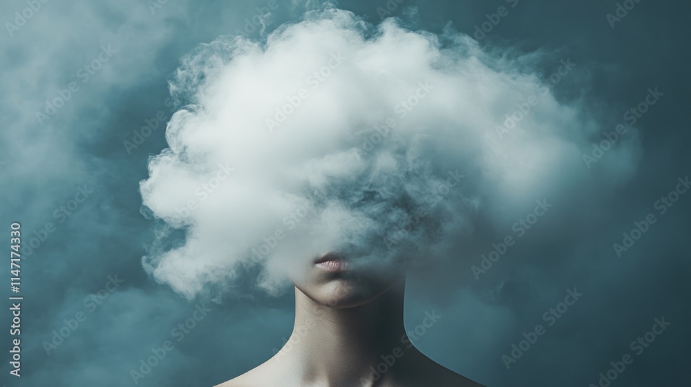 A woman's face is partially obscured by a large, white cloud in a surreal, dreamlike setting.