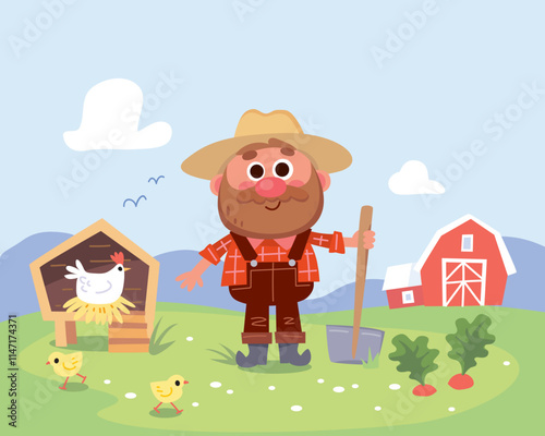 A farmer Old MacDonald stands holding a shovel in his hand on a farm in front of a house, chickens are running around, the hen incubates the eggs, beetroot is growing