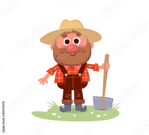 A farmer Old MacDonald stands holding a shovel in his hand on a lawn.