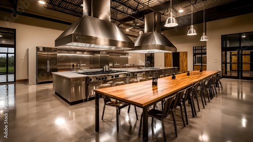Modern hostel dining room, refectory layout, open kitchen with stove