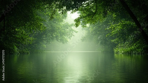Serene mist-shrouded river flowing through lush green forest.
