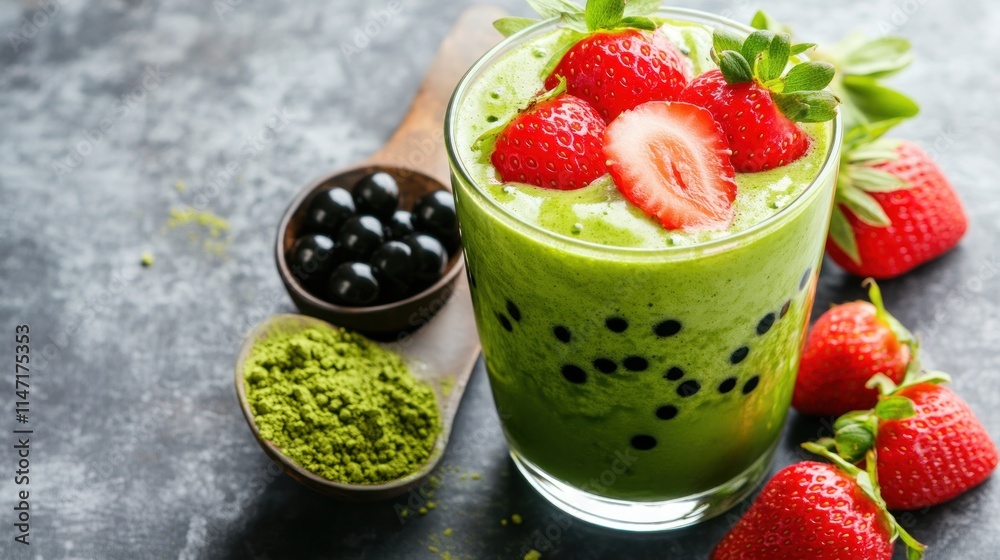 Strawberry matcha boba with fresh strawberries and boba pearls, Strawberry matcha boba with fresh strawberries and boba pearls,