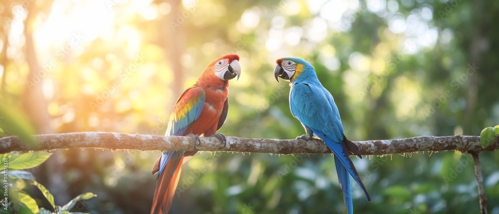 Naklejka premium Two macaws perched on a branch at sunset.